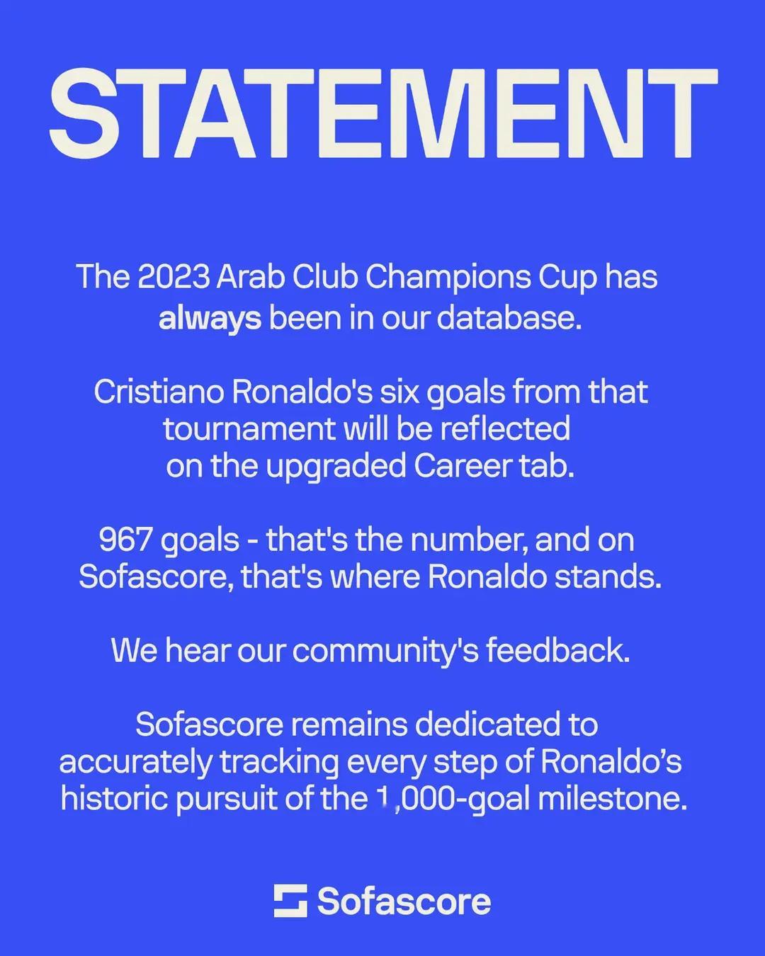 C罗生涯967球毋庸置疑 🛑 权威数据网站Sofascore辟谣前些天网传他们