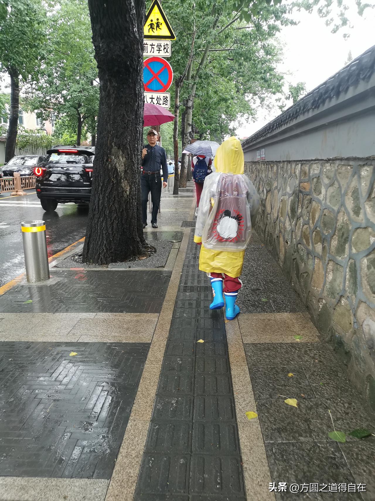 风雨无阻上学路

雨靴、雨衣、雨伞，一个都没少。书包沉甸甸的，侧袋里的不锈钢水壶