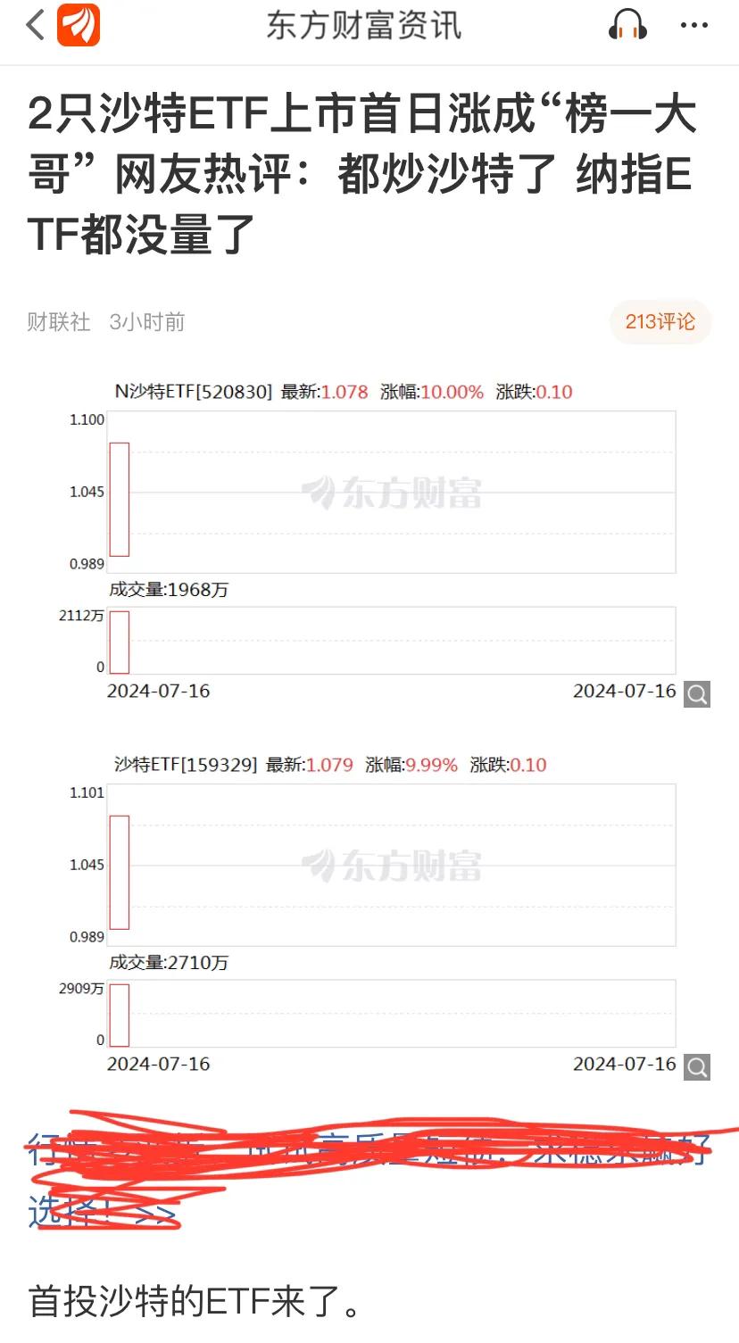 真是买啥都比买A股强啊！

今日两只沙特etf上市就是出现了双双大涨。
搞的纳指