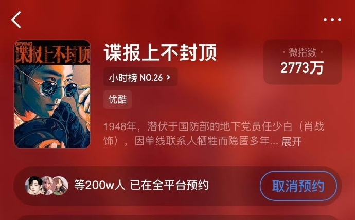 谍报上不封顶预约破200万了肖战谍报上不封顶破200w 肖战谍报上不封顶破200
