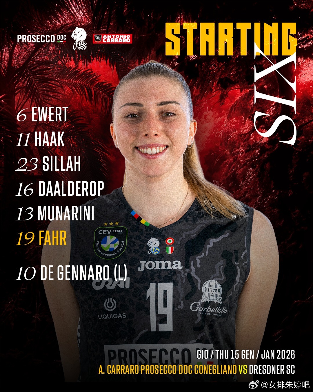 朱婷女排欧冠 2025-26赛季女排欧冠小组赛第四轮，科内利亚诺3-0德累斯顿(