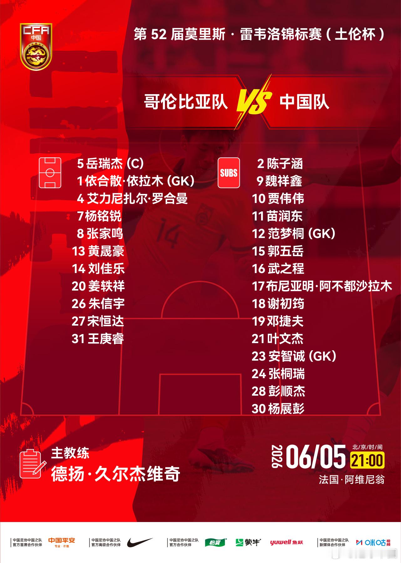 第52届莫里斯·雷韦洛锦标赛（土伦杯），中国队对阵哥伦比亚队，中国队公布首发阵容
