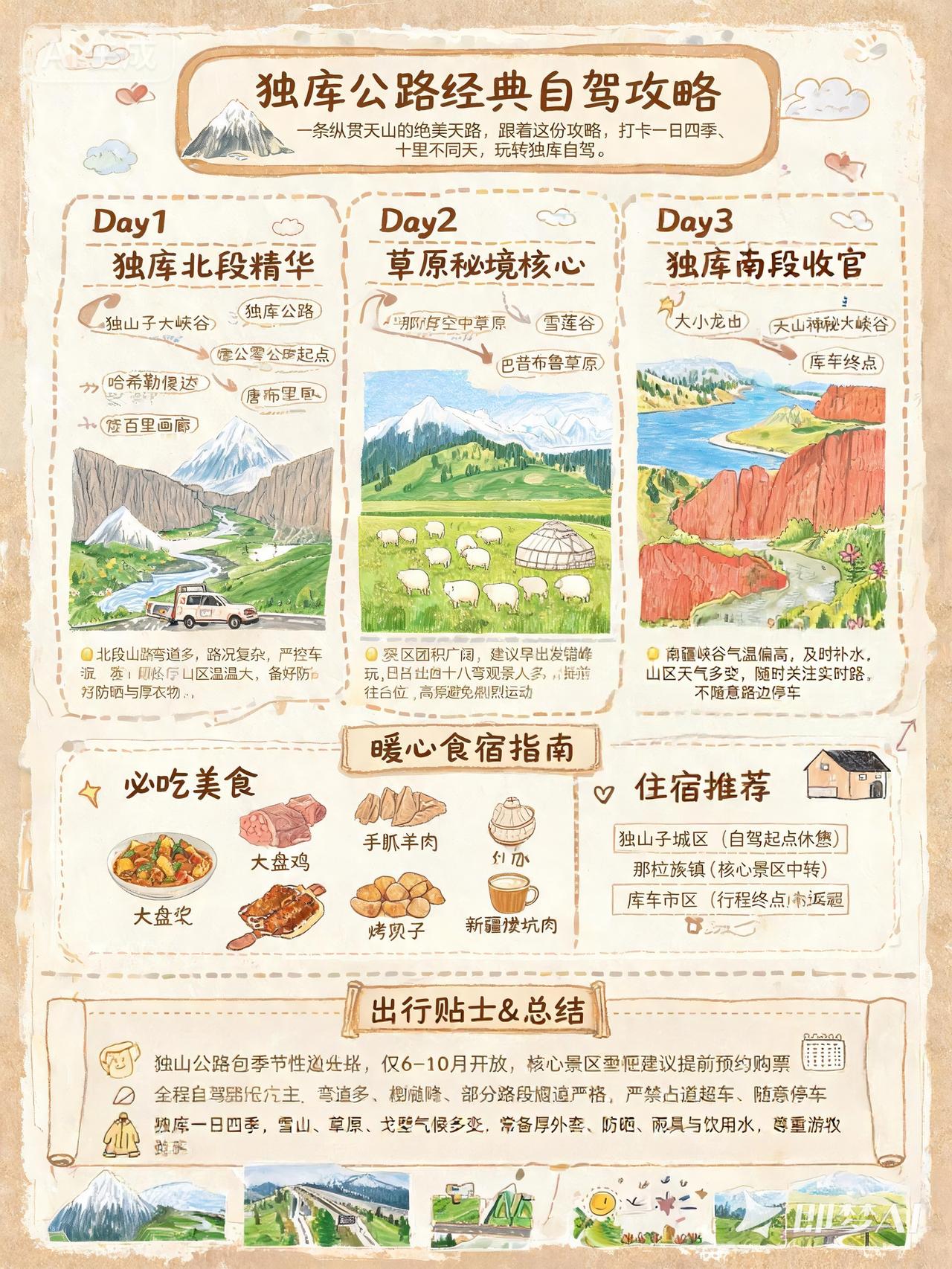 独库公路自驾攻略信息图：

1. Day1 独库北段精华：独山子大峡谷→独库公路