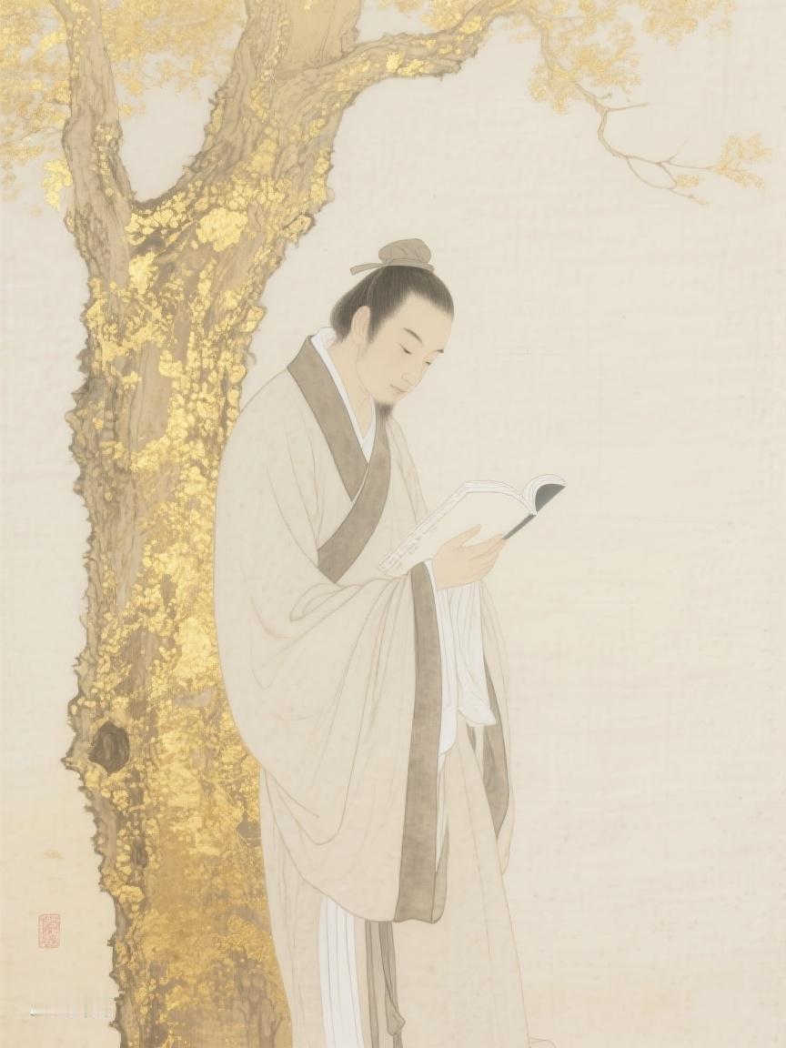 AI妙生图在古树下静读，那书页翻动处，似有时光的秘密，于静谧中探寻心灵的栖息之所