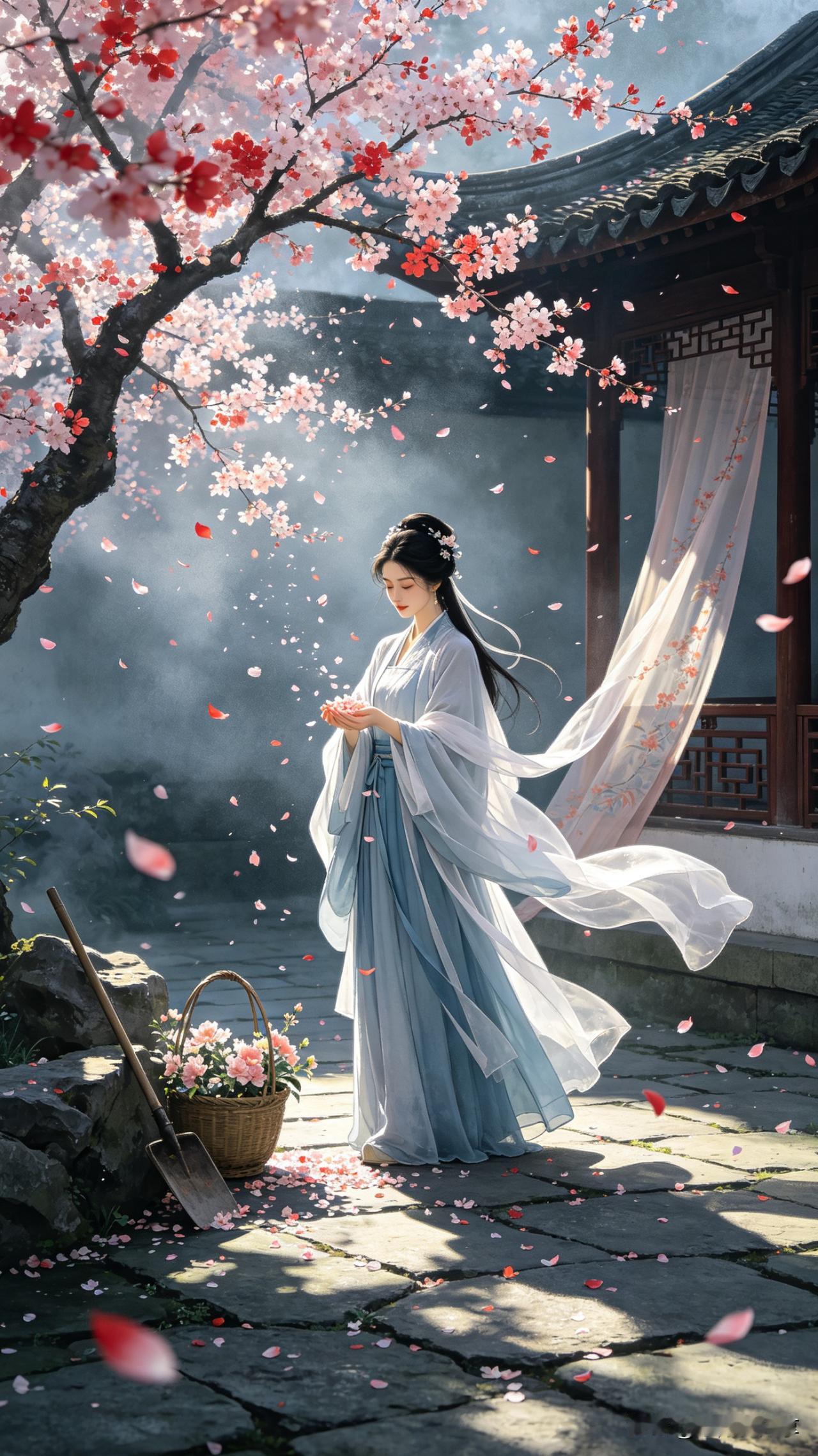 鹧鸪天·樱下拾芳

红粉纷飞满院春，青衫素手捧花尘。
风摇翠袖云裳动，日暖幽庭燕
