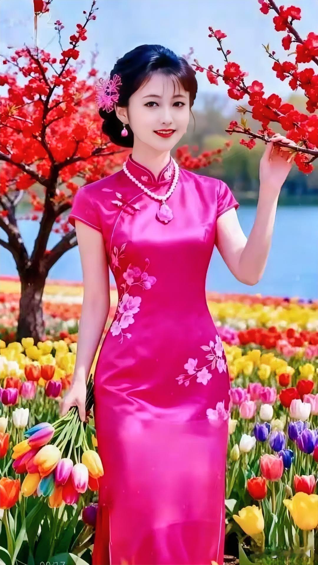 身着旗袍的姑娘于花丛间拍照留念。美女旗袍照 旗袍风景 旗袍街景照 旗袍美人照 旗