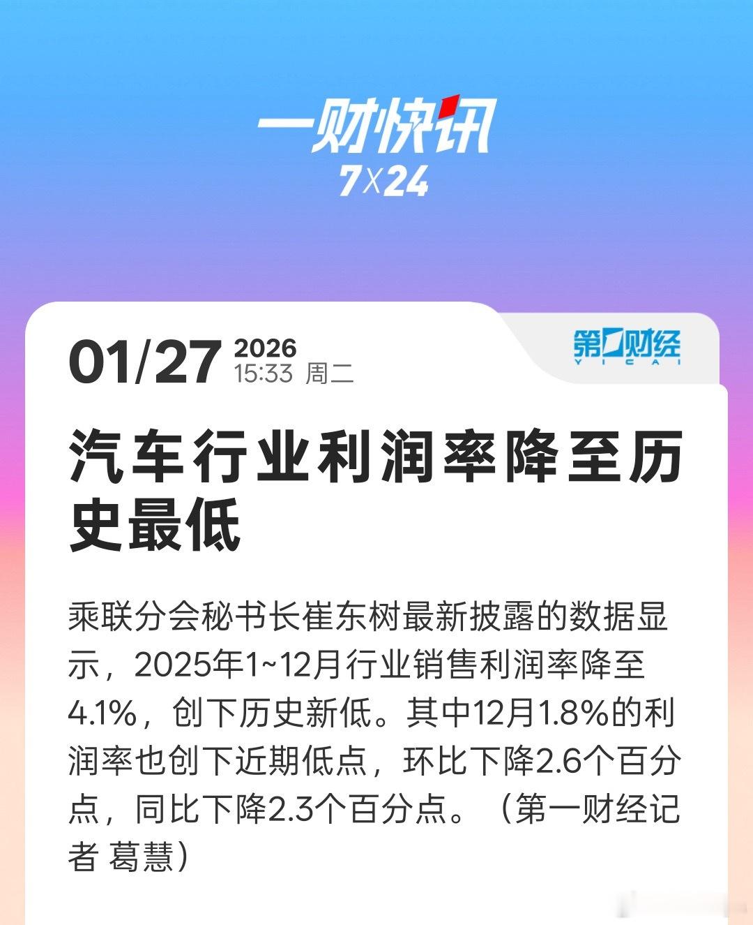 汽车行业一季度利润率3.2%，创了新低，而全国规上工业的平均水平是4.9%。我仔