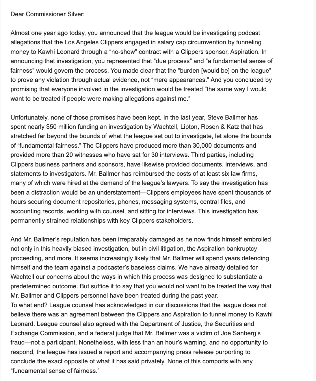 快船发布又一份致亚当-肖华的官方声明：大约一年前的今天，您对外宣布联盟将针对播客