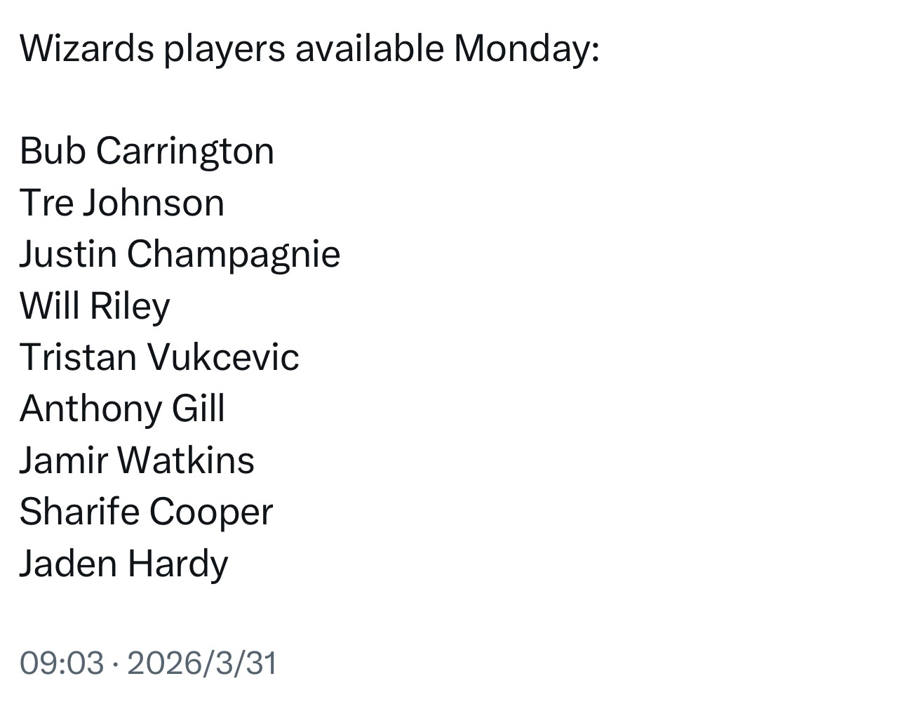 朱利安·里斯与里基·布莱克今天不打，奇才队今天能上场的球员只有9人。 