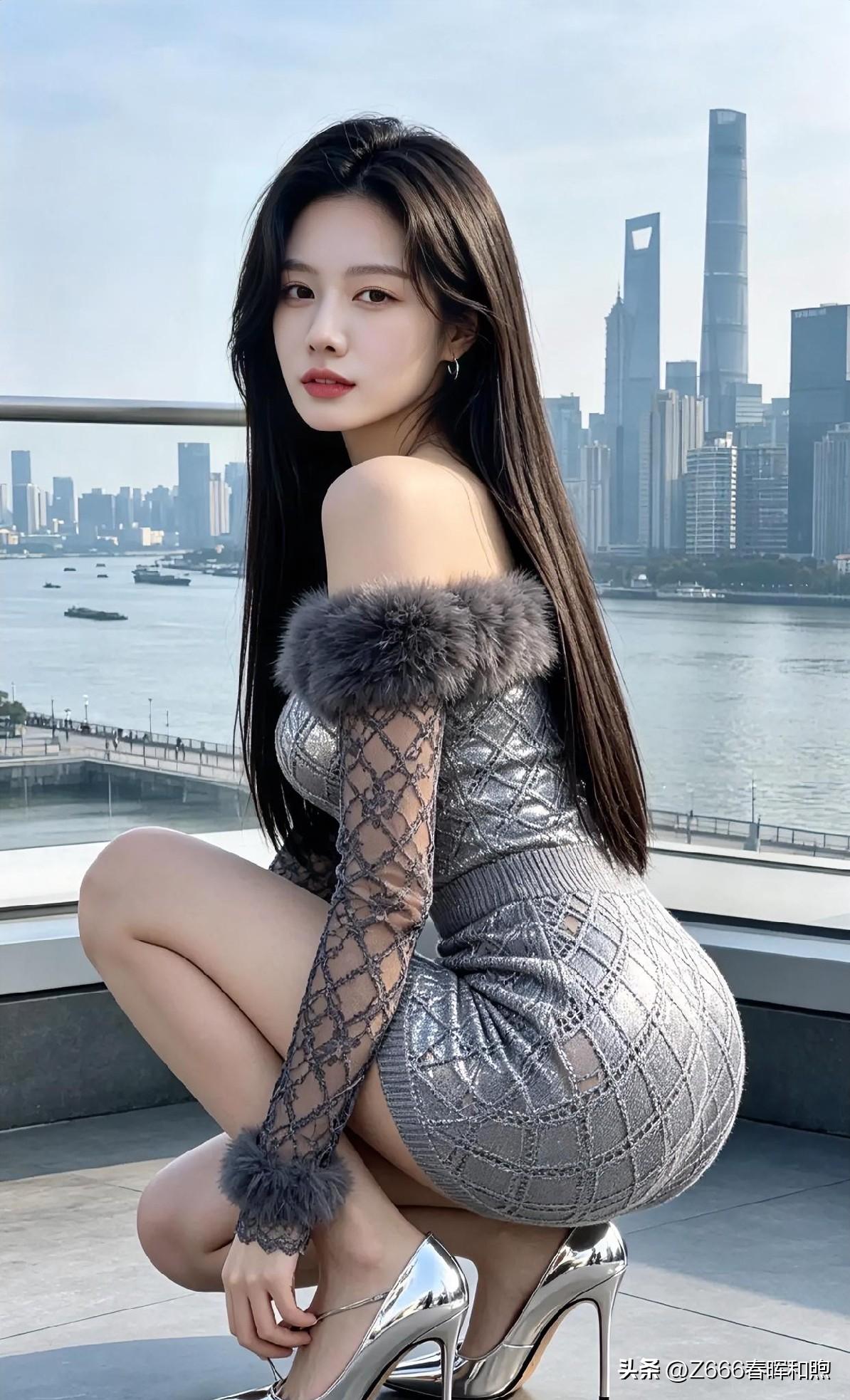 美不美你说了算💞💞黄浦江畔，摩天楼宇勾勒出都市的天际线。银色流光裙曳动璀璨繁