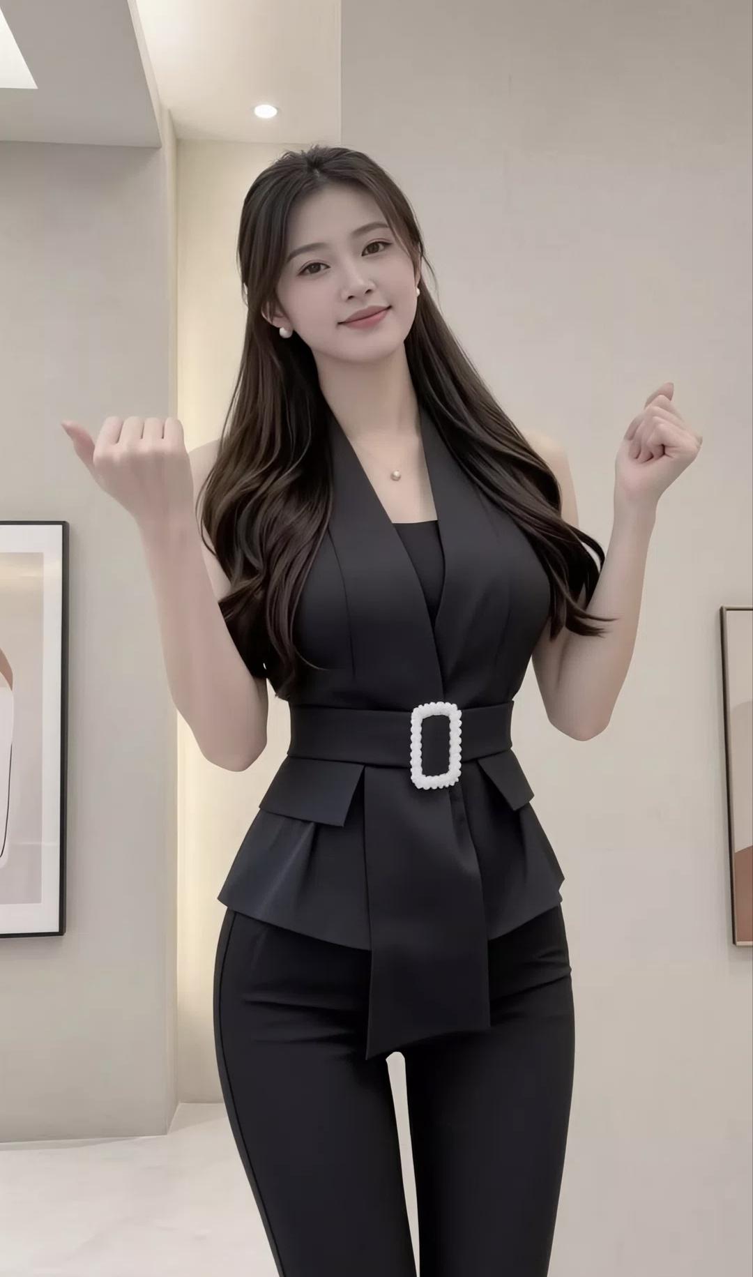 女孩子怎么穿搭既时尚又好看?
AI生成的职场风穿搭
简约黑+收腰剪裁
日常穿也能