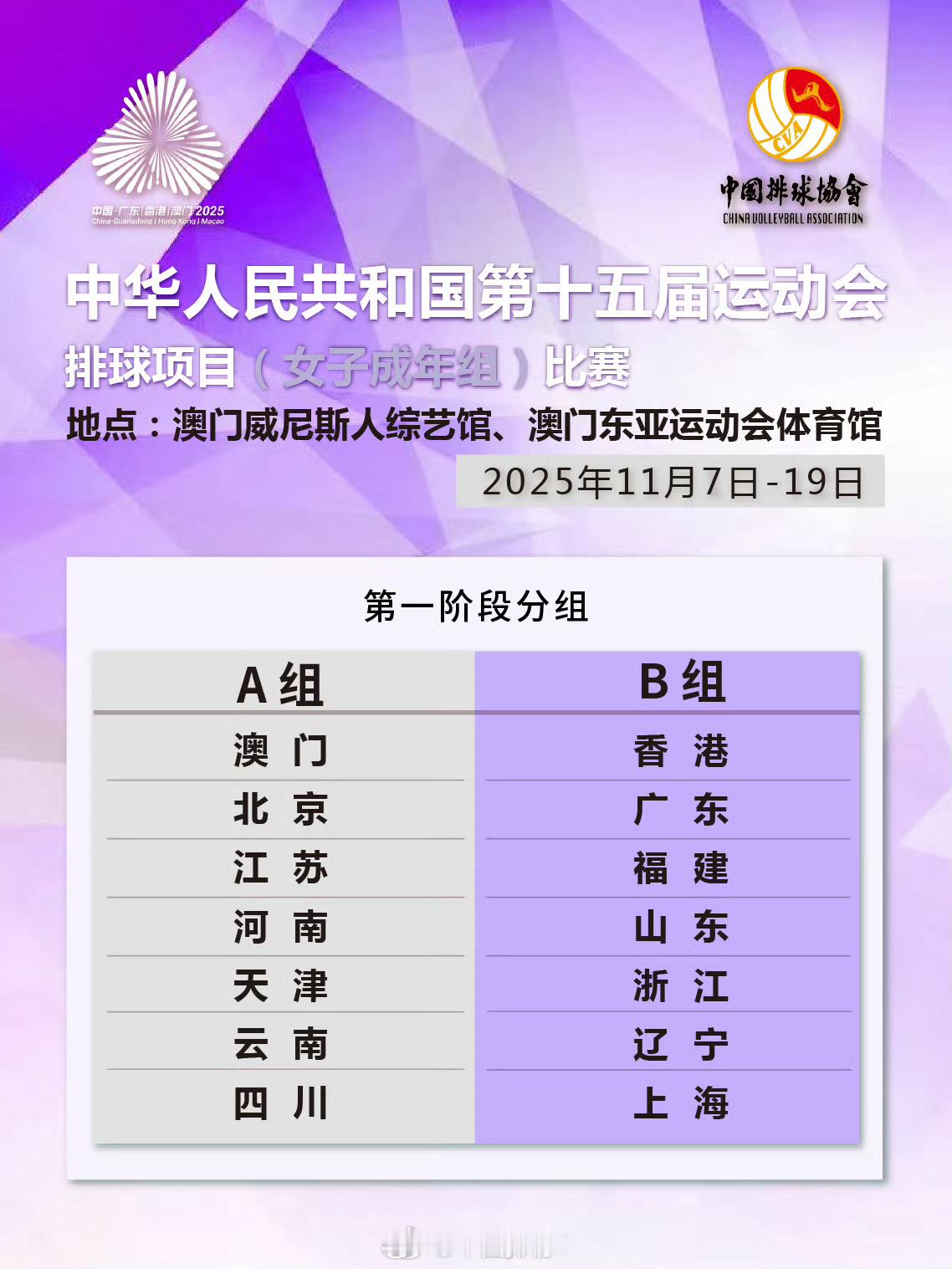 第十五届全运会 女排比赛将于11月7日在澳门来打，比赛分组和赛程安排如下十五运会