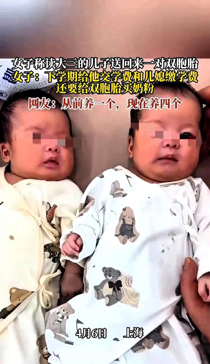 看懵了：4月6日，上海，一位母亲被读大三的儿子“空投”回家一对双胞胎。孩子交由家