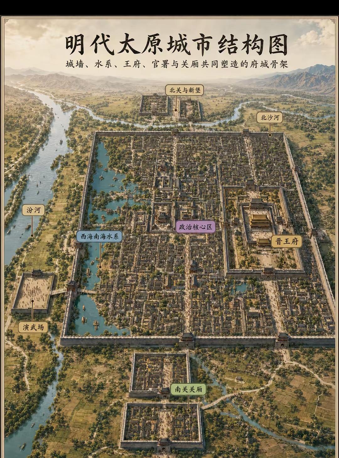 明朝太原城复原图。
  明代太原南关、北关堡属于关厢堡寨，[微风]据《太原府志》