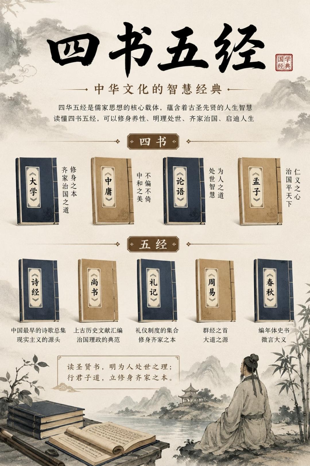 四书五经知多少，让娃了解传统文化小常识！
“四书”包括《论语》《孟子》《大学》《