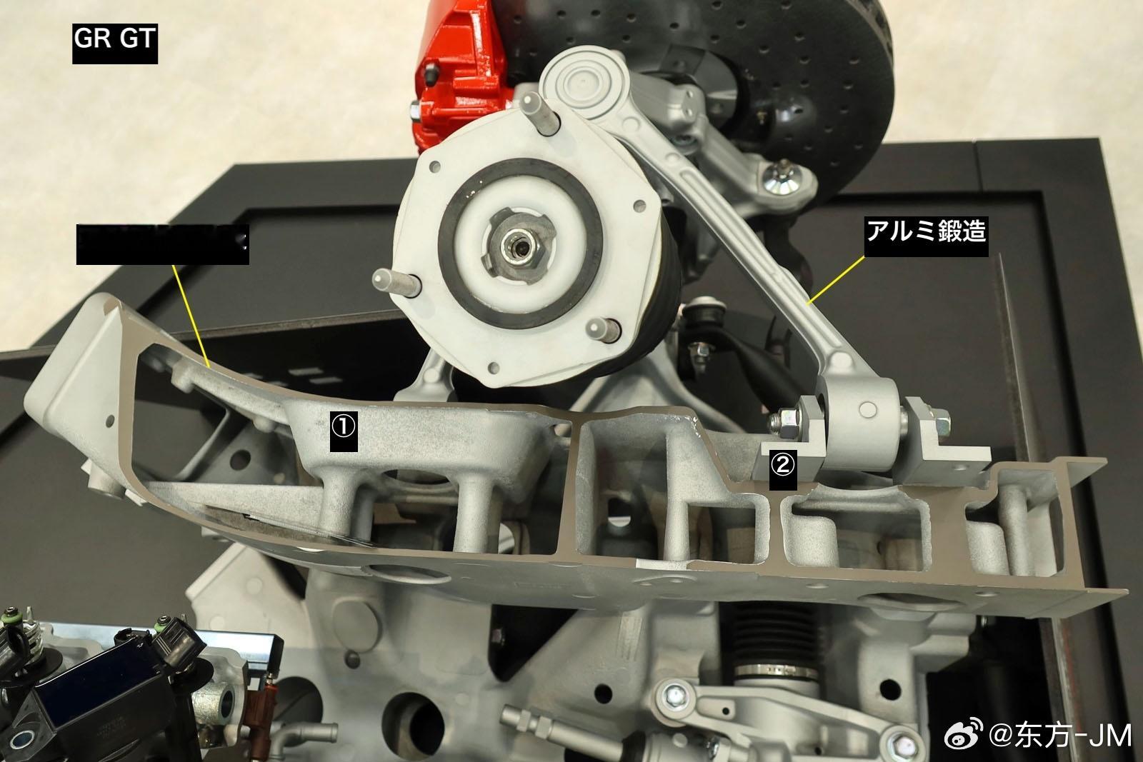 GR GT的左前悬架结构，2号部分通过更换支架，能适应GT3版本的悬架几何。东方