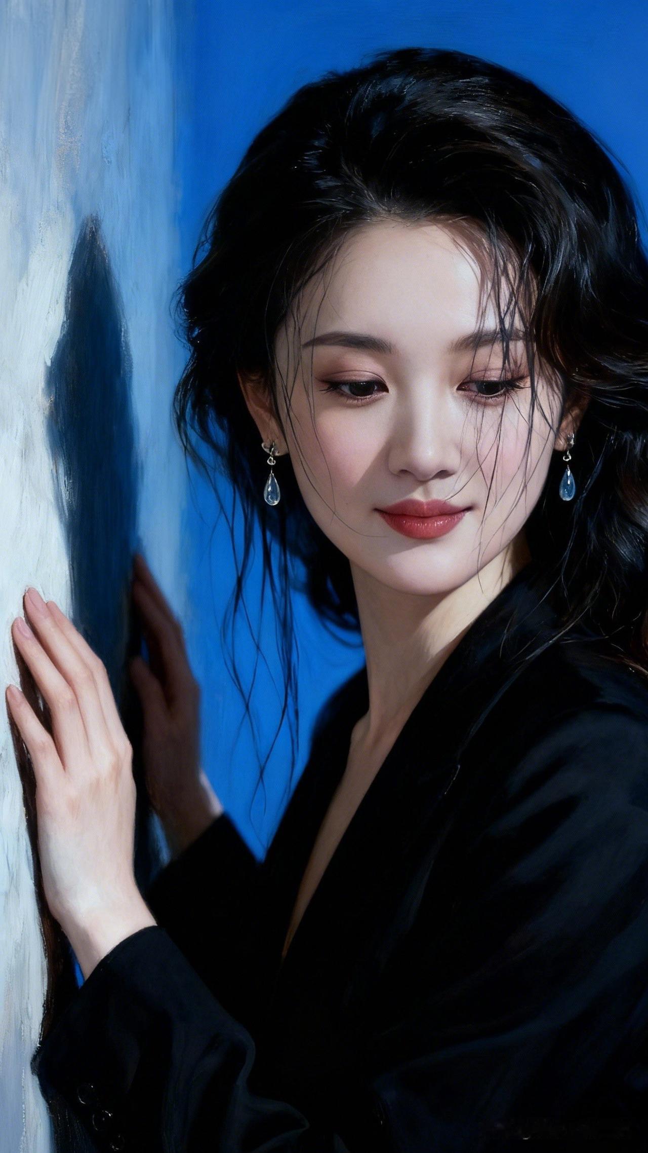 黑发如瀑，蓝衣似水，美人倚墙。分享一张今天的照片吧 黑发红唇，优雅动人，蓝墙背景