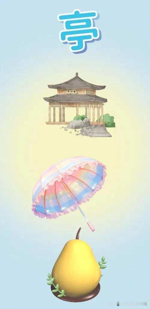 亭 亭子 雨伞🌂 大梨，打一成语————
图中有个亭字，还有一间亭子，一把🌂