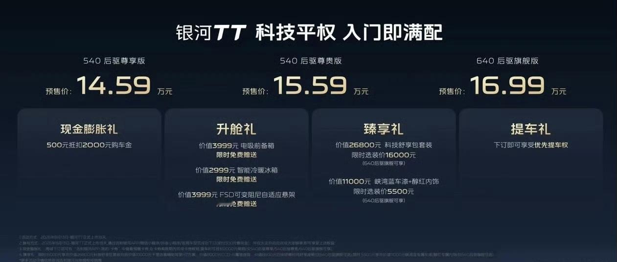 吉利银河TT开始预售了，540后驱尊享版：预售价14.59万，540后驱尊贵版：