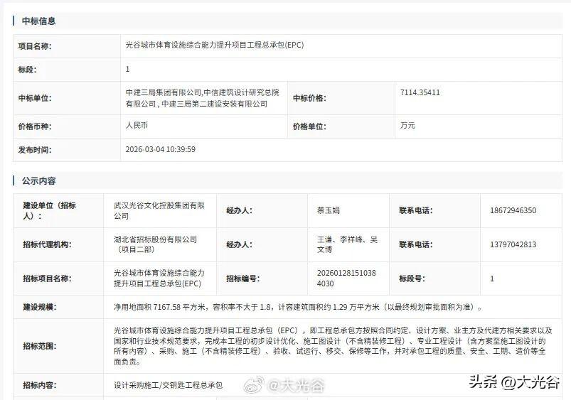 三环线光谷城市体育设施综合能力提升项目中标近日，从武汉公共资源交易平台获悉，中建
