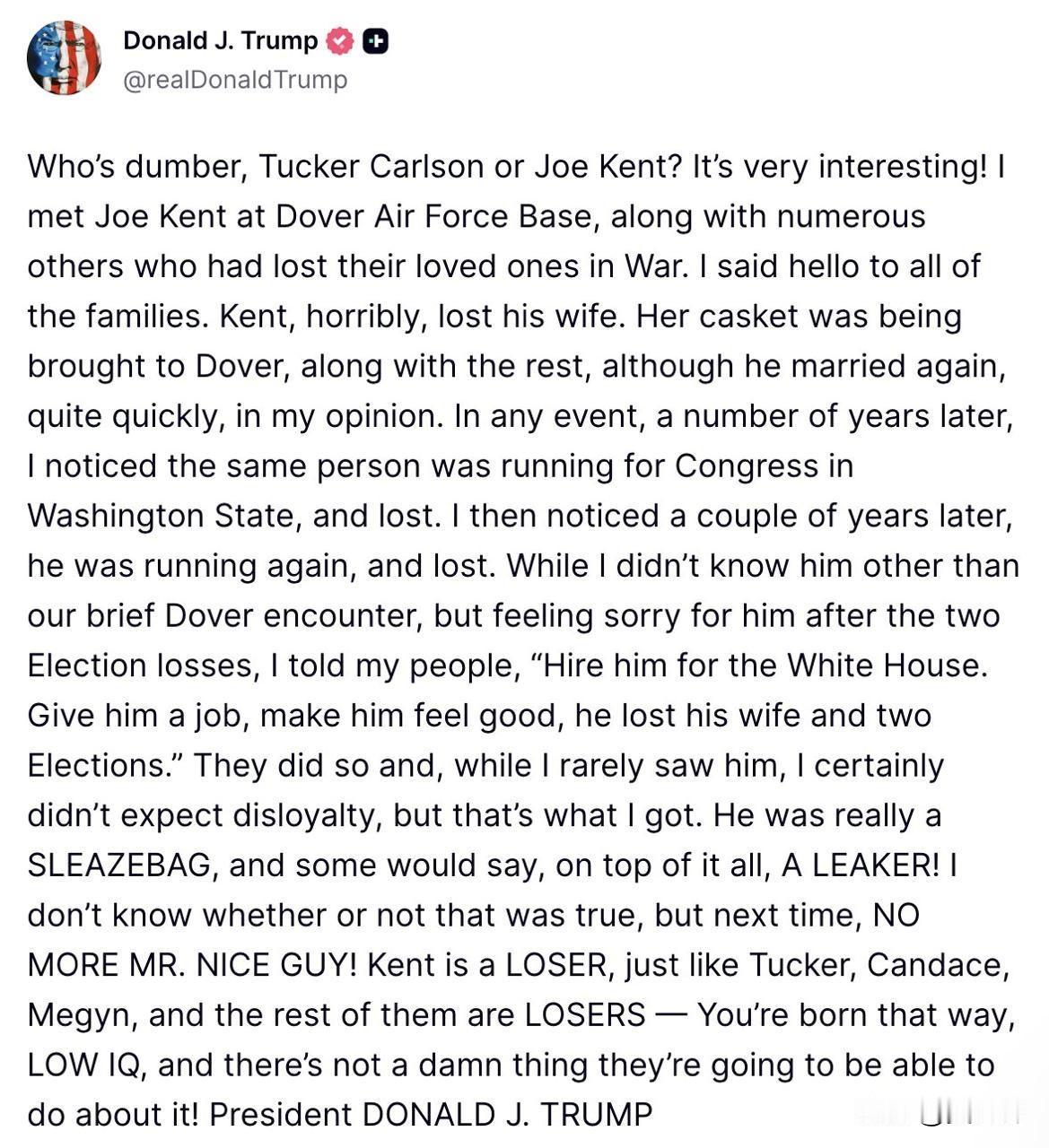 唐纳德·特朗普在Truth Social上猛烈辱骂批评他的塔克·卡尔森和乔·肯特