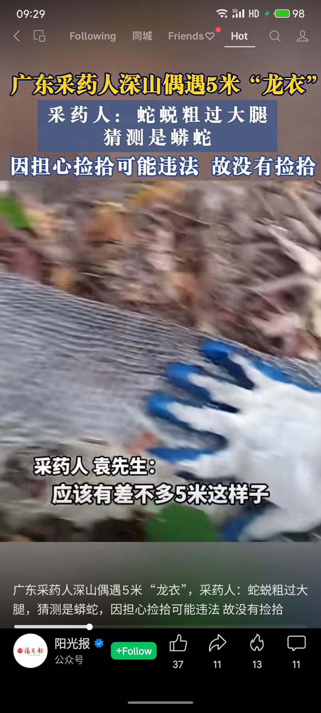 广东采药人深山发现长达5米的巨大蛇蜕，粗如大腿，猜测属蟒蛇。其因担心捡拾可能违法