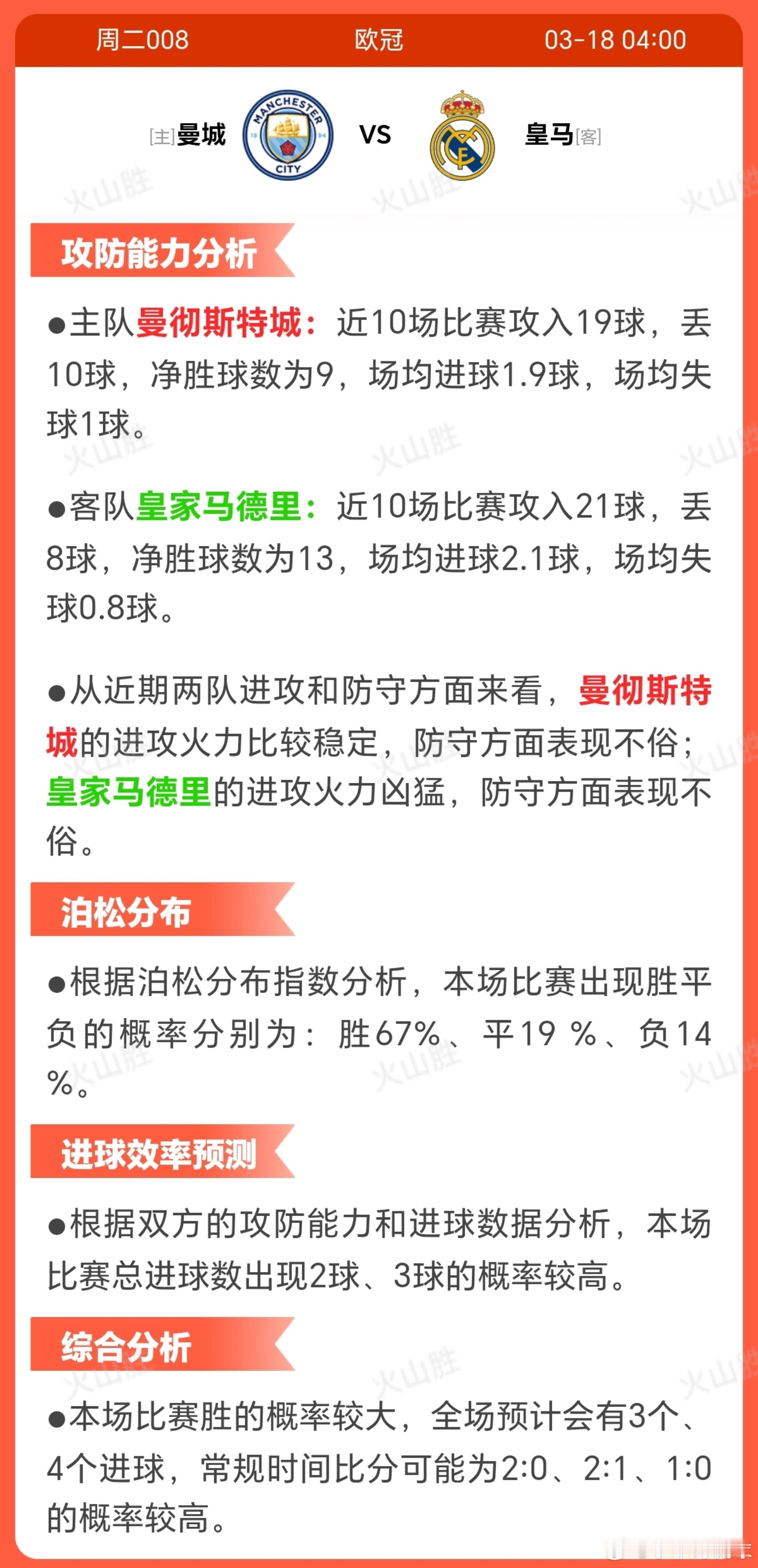 曼城VS皇马曼城近期状态稳定，近10场取得7胜2平1负，展现出较高的胜率，但平局