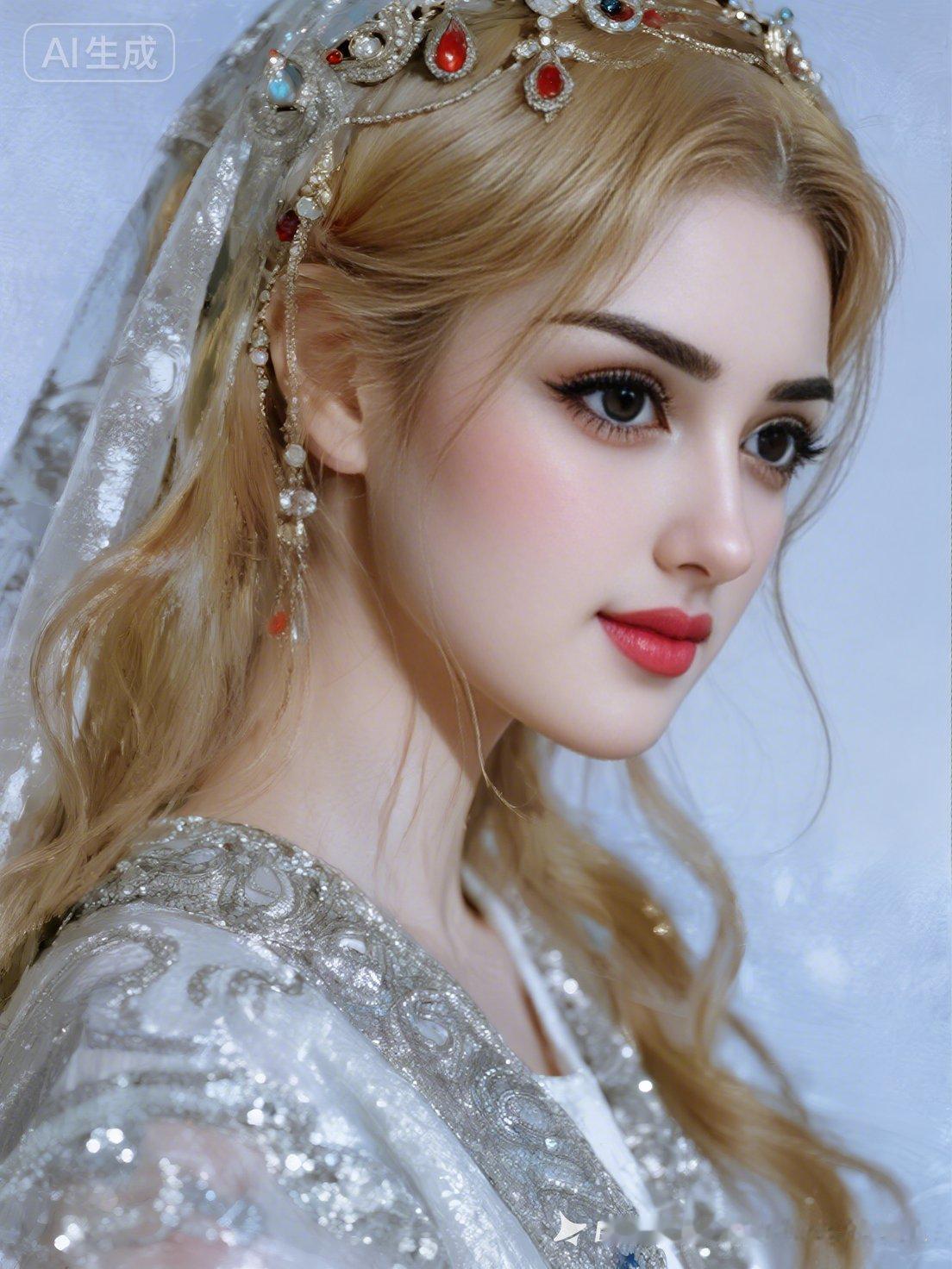 梦幻古风少女，头戴华美发饰，红唇轻启，宛如画中仙子。