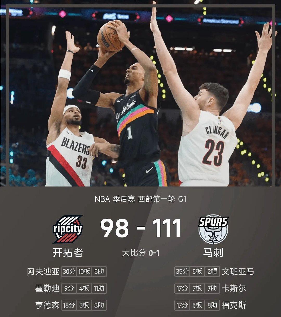开拓者vs马刺04月20日 25/26赛季NBA 季后赛 西部第一轮，马刺对阵开
