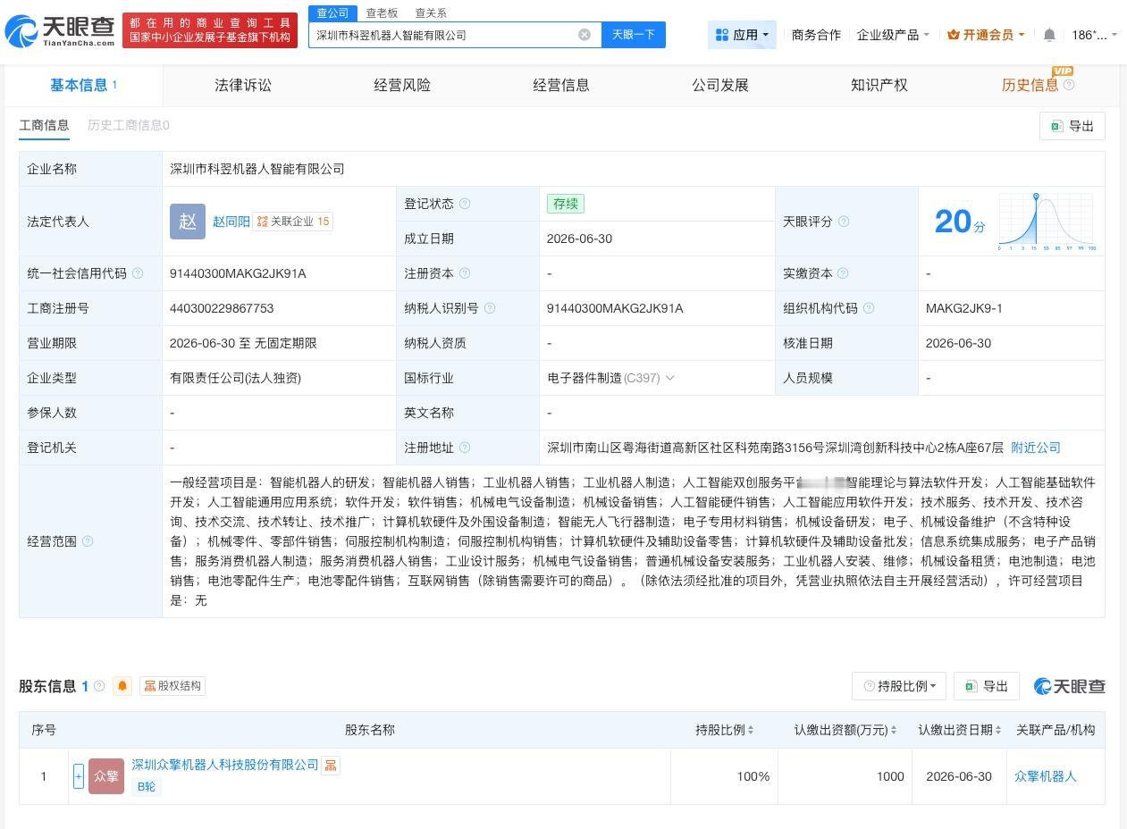 众擎机器人在深圳成立新公司 注册资本1000万
天眼查App显示，近日，深圳市科