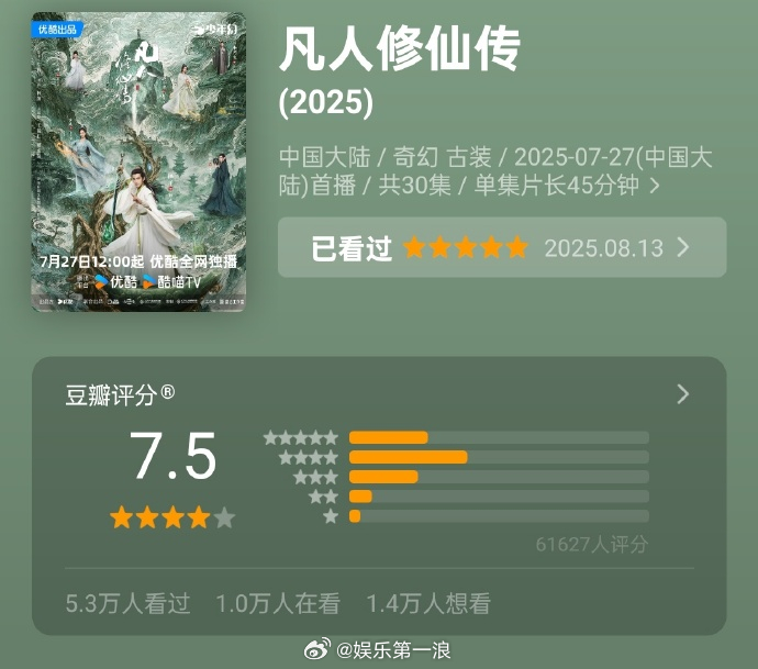凡人修仙传豆瓣7.5凡人修仙传豆瓣开分7.5 ​​​杨洋《凡人修仙传》豆瓣开分7