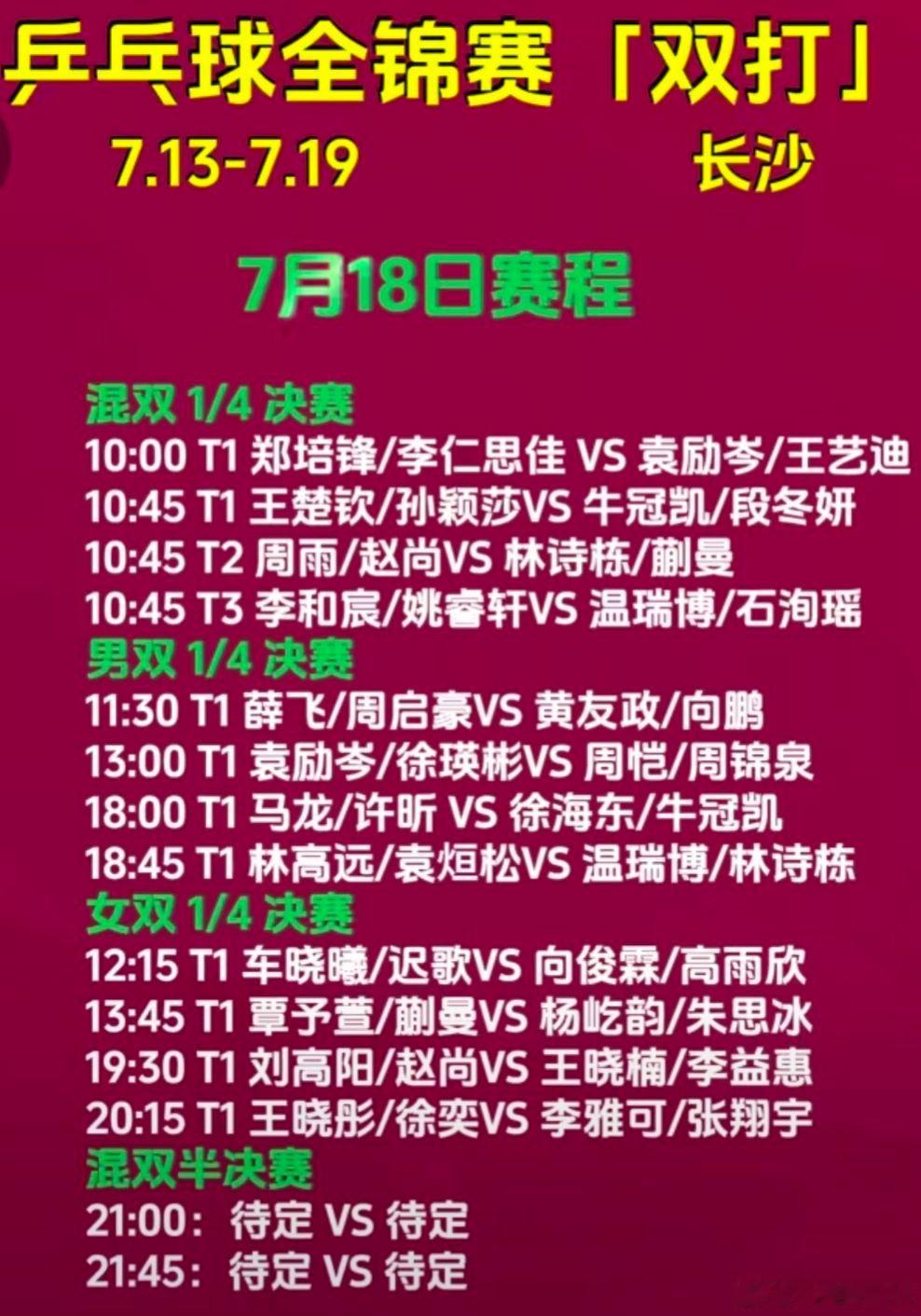 2026乒乓球全锦赛｜7月18日赛程 