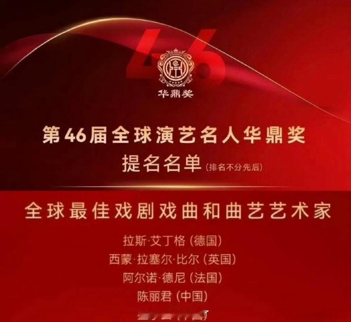 恭喜陈丽君提名第46届华鼎奖，入围第46届华鼎奖「全球最佳戏剧戏曲和曲艺艺术家」