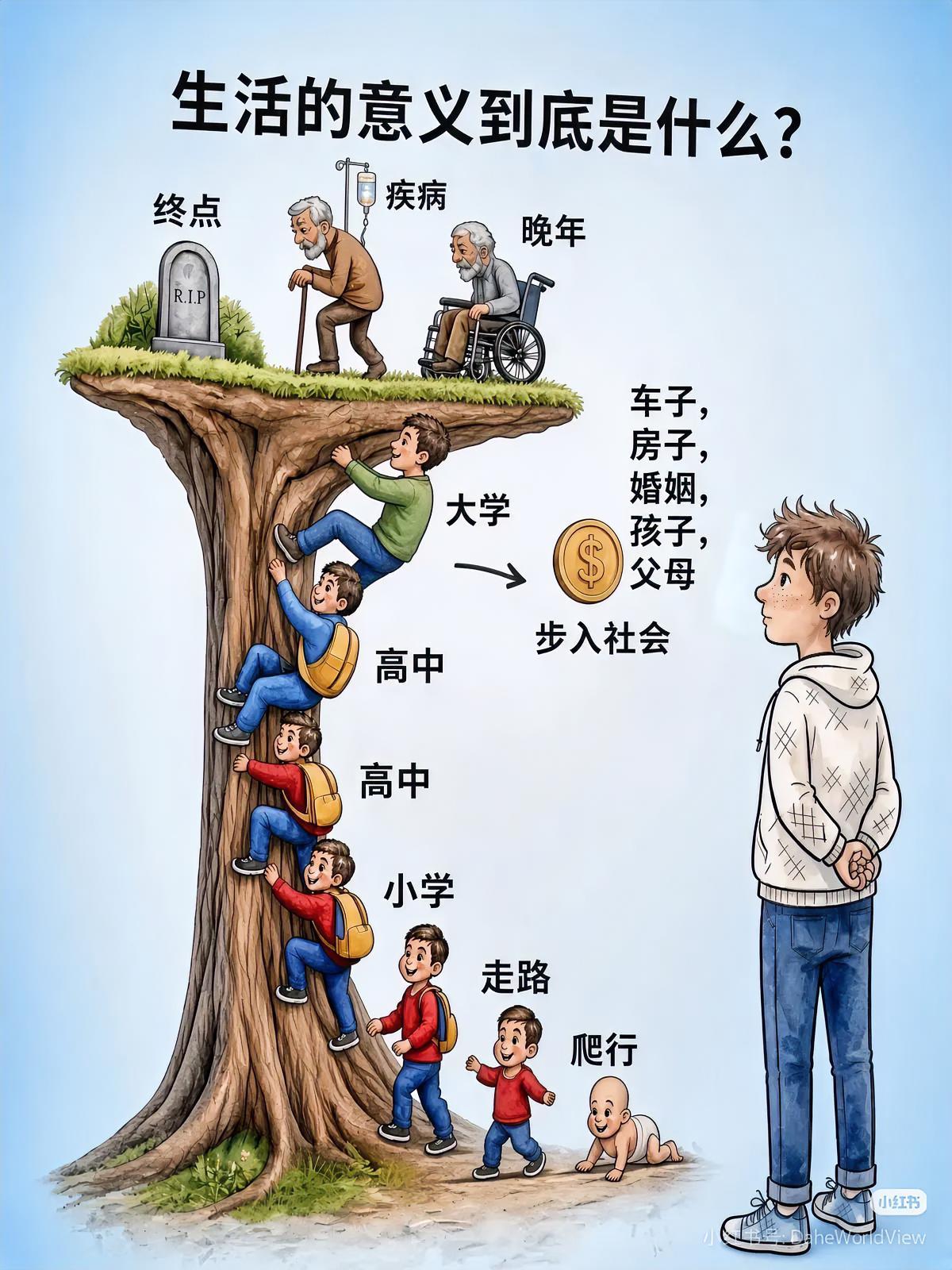一张图，看哭了无数中年人。

从出生爬行，到终点墓碑，中间短短一段路，被硬生生塞