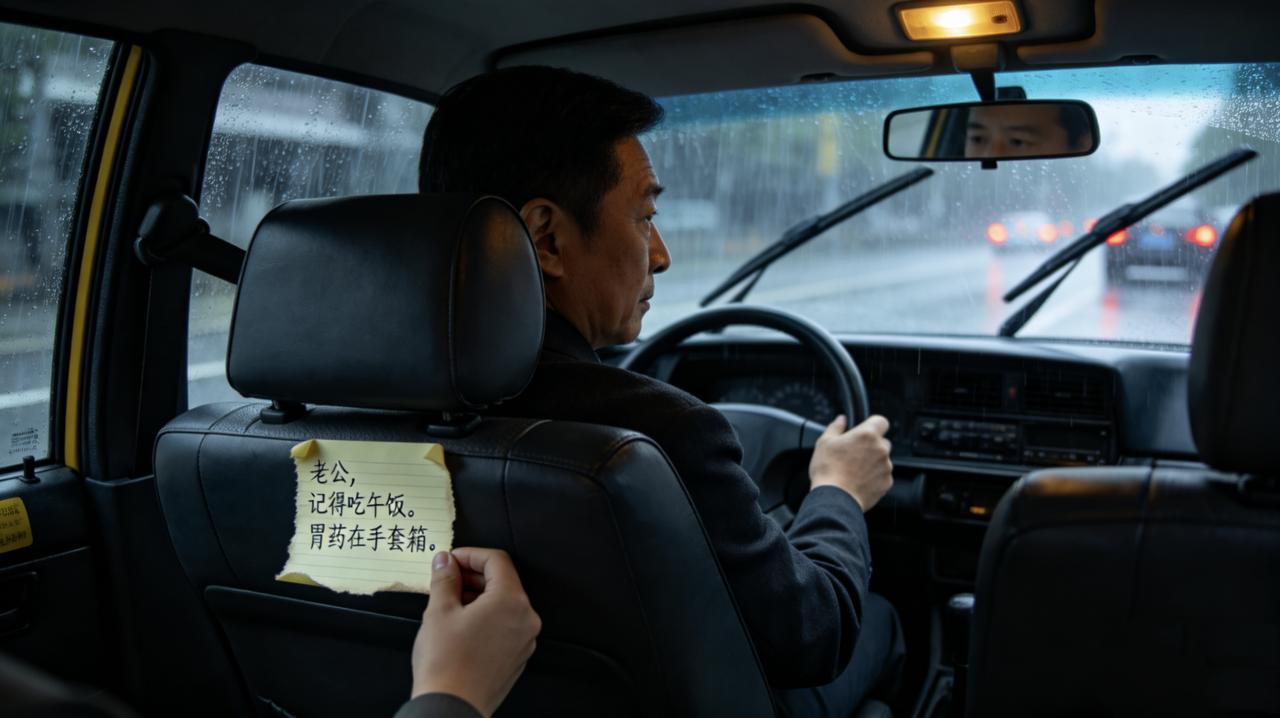 下雨天，林晚打了一辆出租车。
刚坐进去，就看见副驾驶椅背贴着一张发黄的便利贴：“