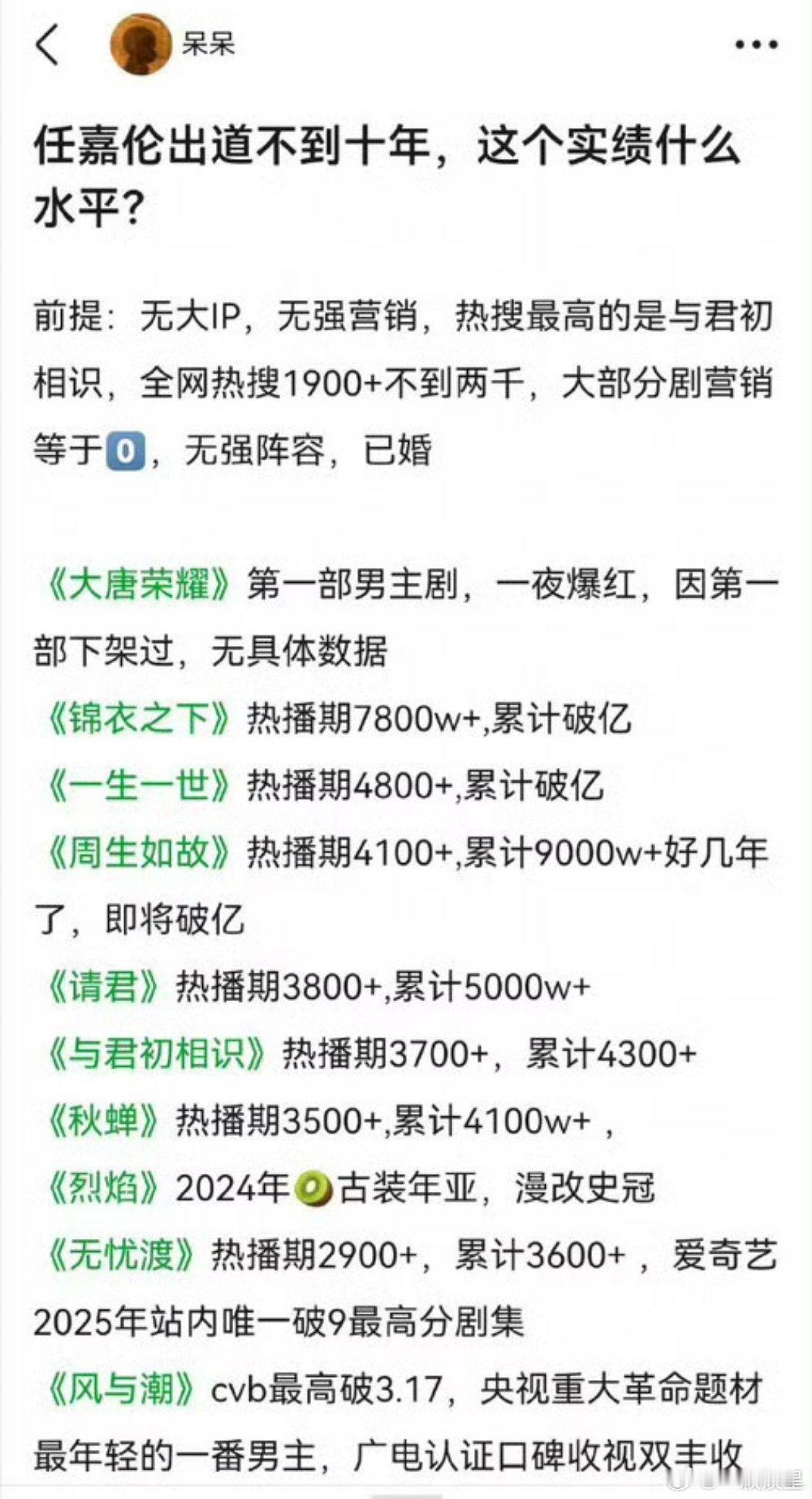 别的不说任嘉伦他火的影视轨迹还是很显著的，大唐荣耀，锦衣之下，周生如故，无忧渡～