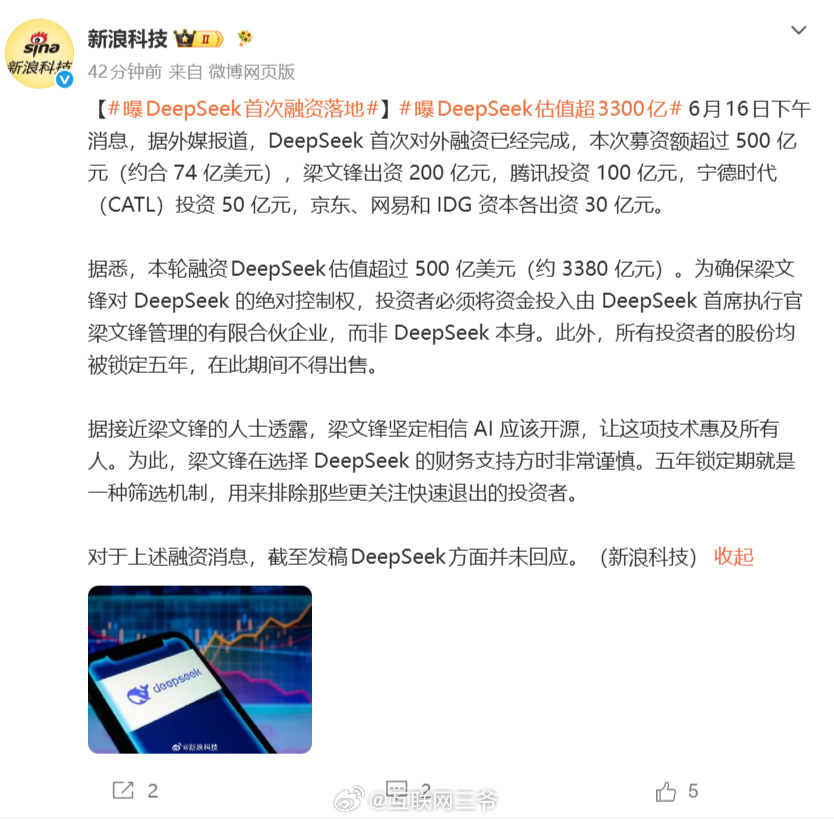 DeepSeek完成超500亿元融资  6月初传出的消息，目前看是有点坐实了。梁
