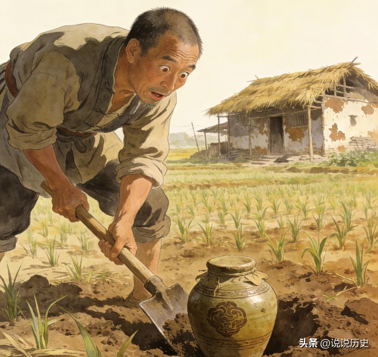 道光年间，某县有个农夫，锄地时挖出一个坛子，坛口封得严实。他砸开坛子，一道白气直