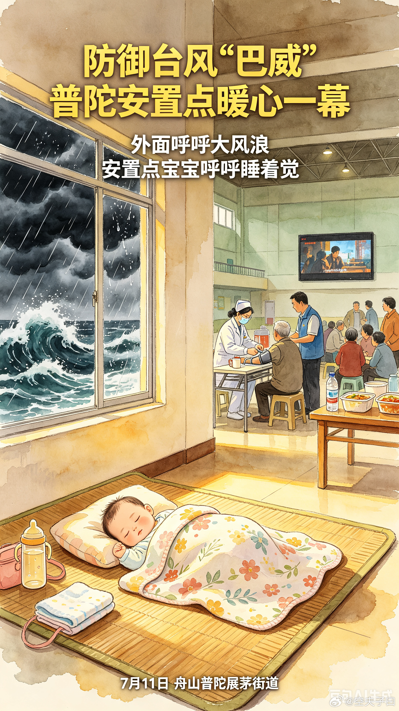 舟山安置点暖心一幕宝宝睡的正香狂风隔在窗外，温暖留在身边。普陀安置点的温柔，是台