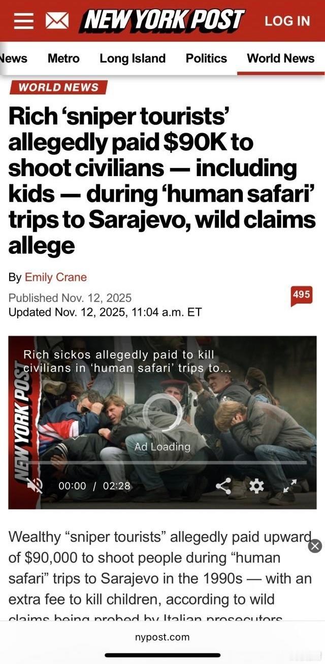 欧美富豪在90年代支付9万美元去萨拉热窝猎杀居民 根据意大利检察官的报告，90年