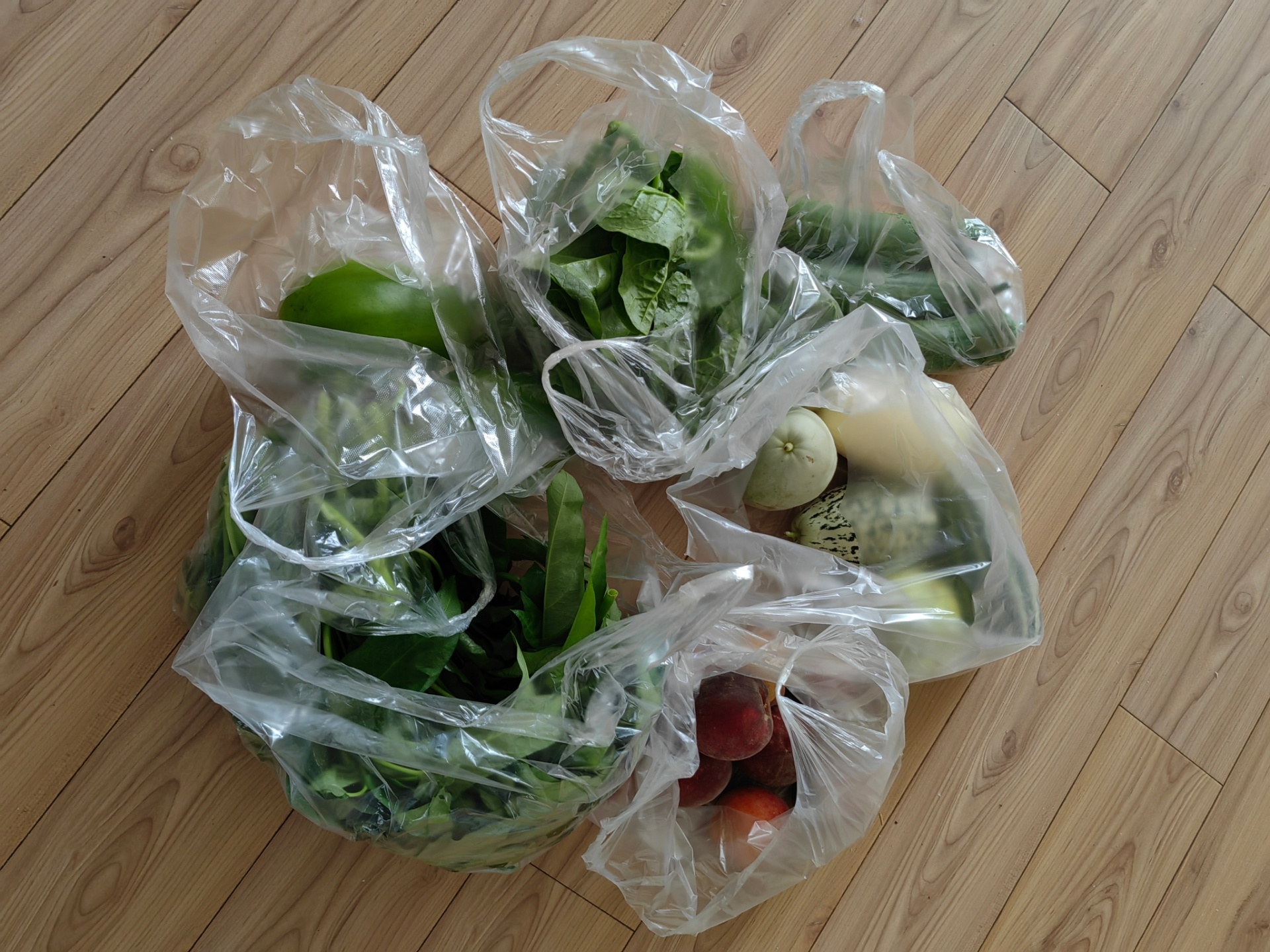 早晨去早市，感受烟火气息，买了空心菜，木耳菜，茄子，甜瓜，桃子，丝瓜。绿油油的蔬