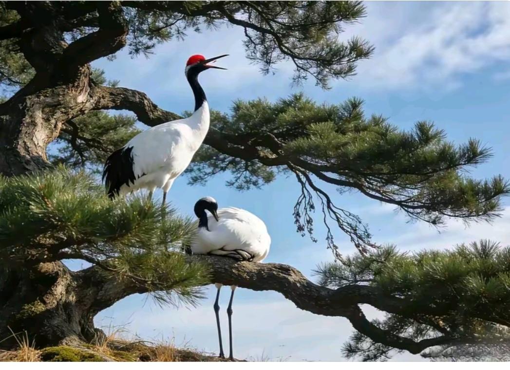 〔欣赏图片〕
图中画面真有趣；
两个仙鹤树枝落；
松鹤延年益寿好；
我们身体健康