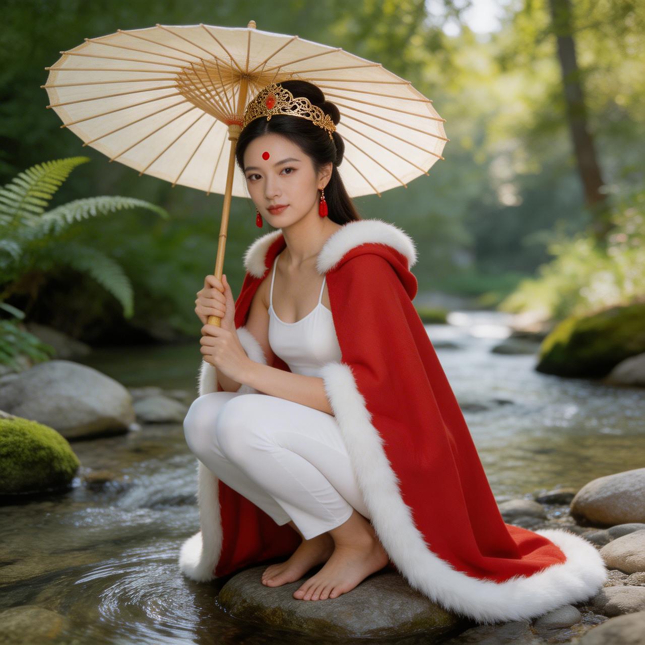 古风少女在溪边，红衣飘飘，手持纸伞，美不胜收！
