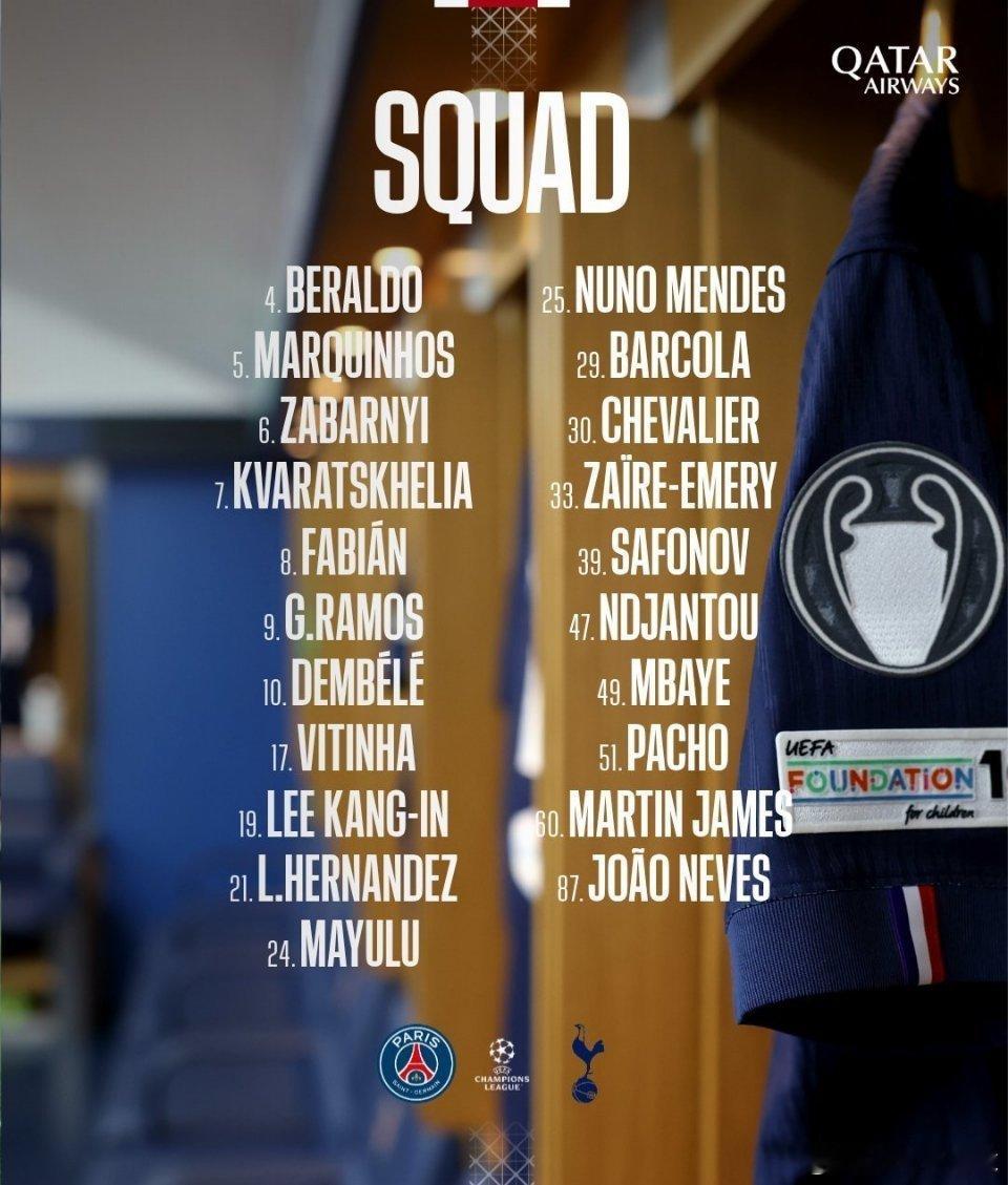 巴黎圣日耳曼官方公布了欧冠联赛阶段第五轮，巴黎主场对阵热刺之战的大名单。登贝莱伤