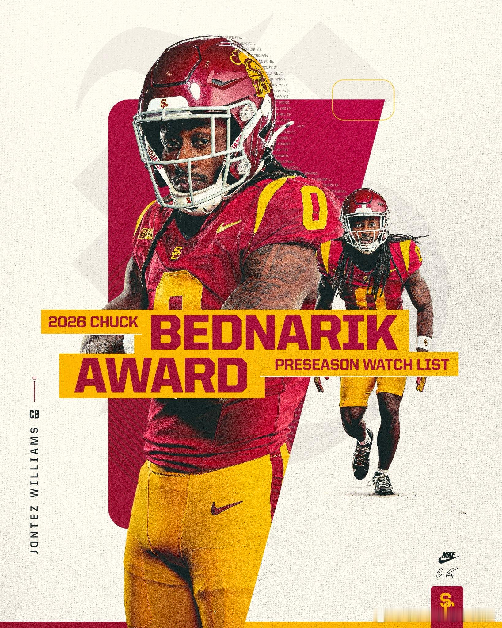 USC橄榄球角卫Jontez Williams被提名了Chuck Bednari