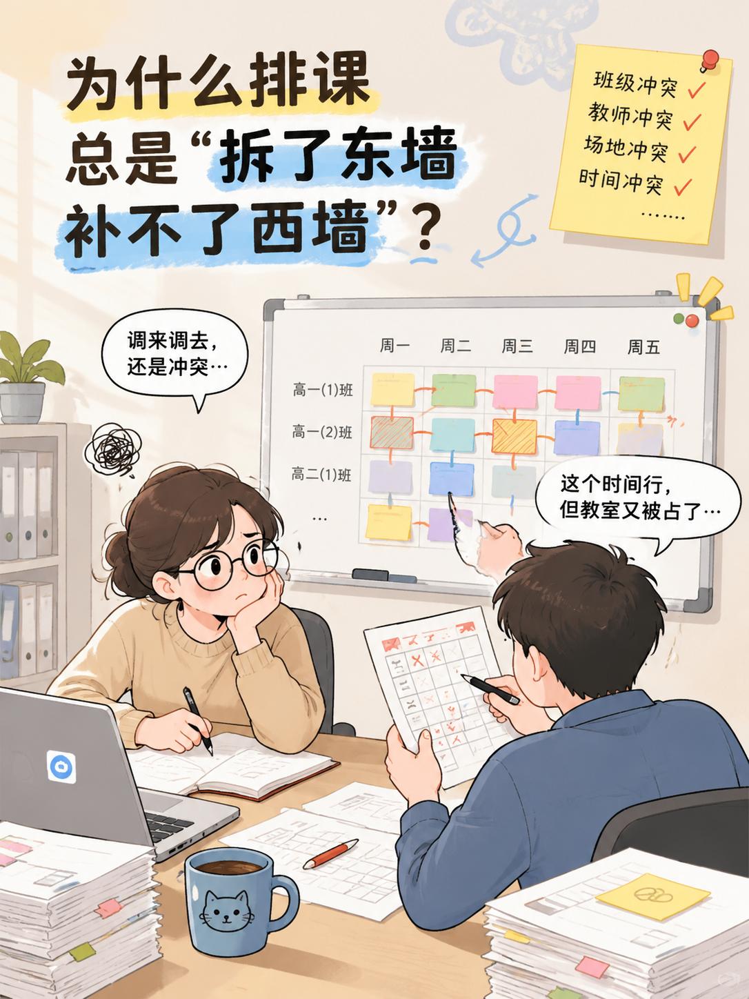 刚排完表，校长微信来了：下周让老王去局里培训三天，课你给挪挪。
我看着刚定稿的表