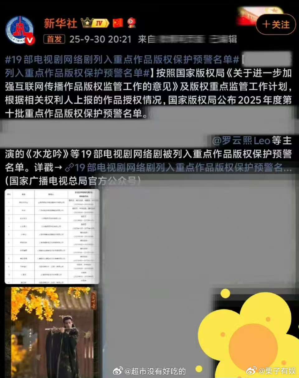 罗云熙水龙吟列入重点版权保护名单罗云熙水龙吟列入重点作品版权保护名单罗云熙水龙吟