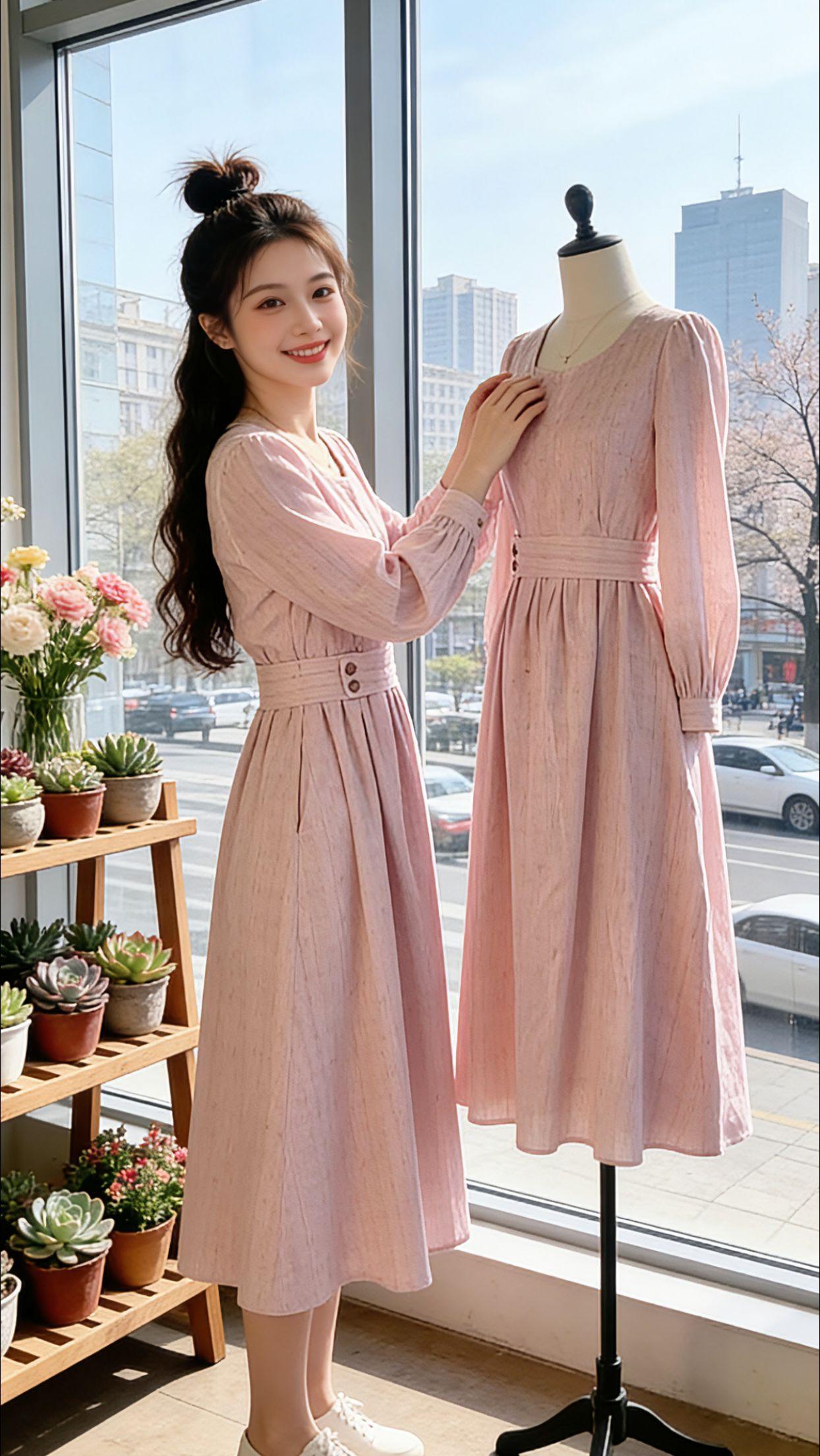 早春的风裹着温柔，Danny穿上这件韩系多巴胺粉裙，像把整个春天的浪漫都穿在了身