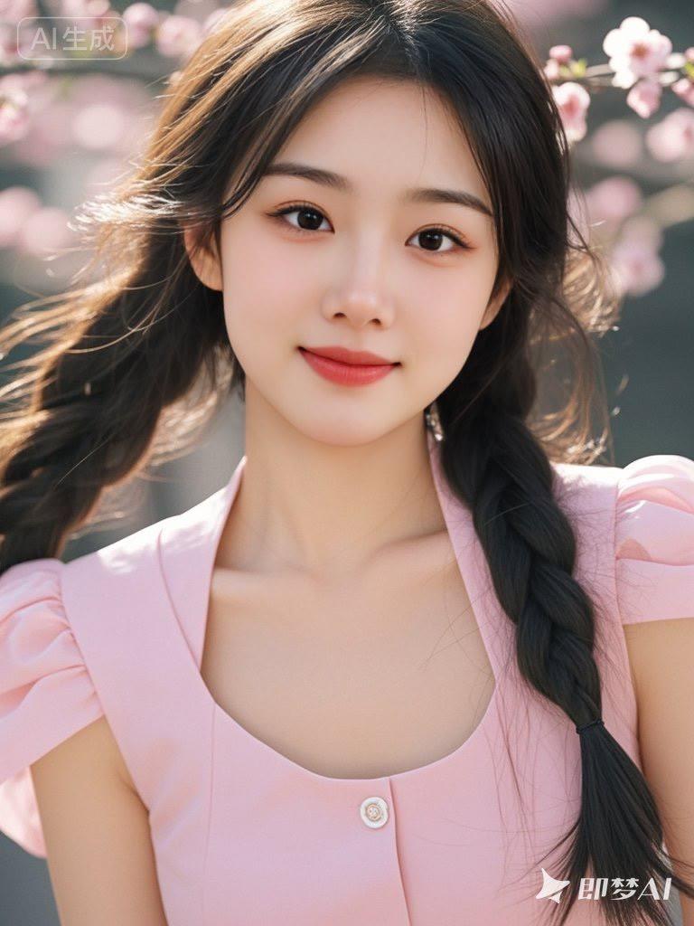 温柔粉嫩的少女，樱花背景下的甜美微笑🌸💕