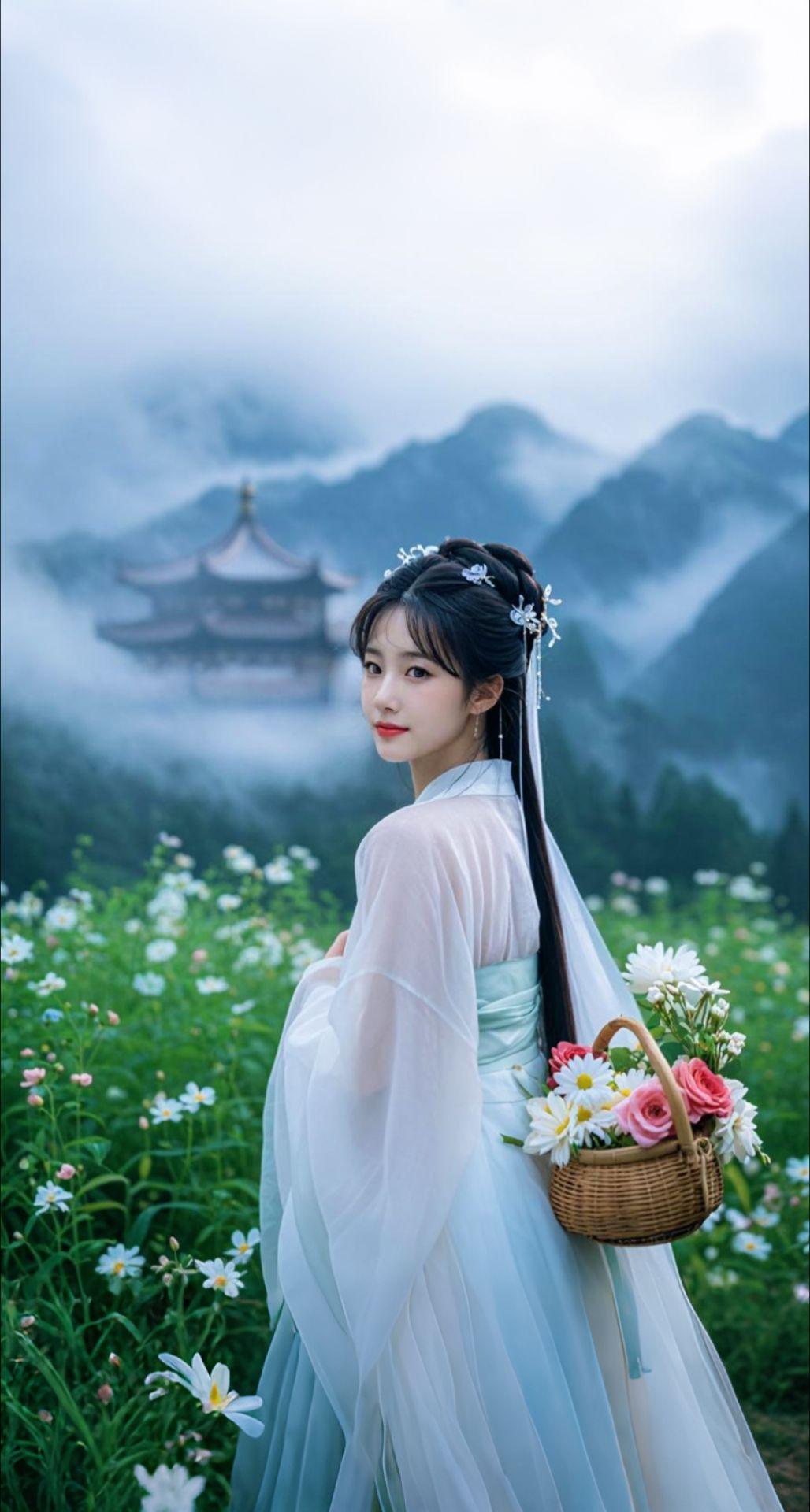 AI扩图 AI山间仙采女